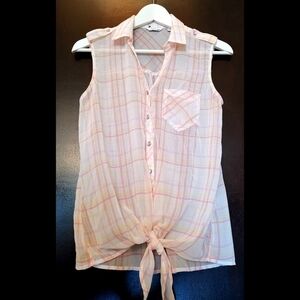 Sheer peach and yellow sleeveless top blouse